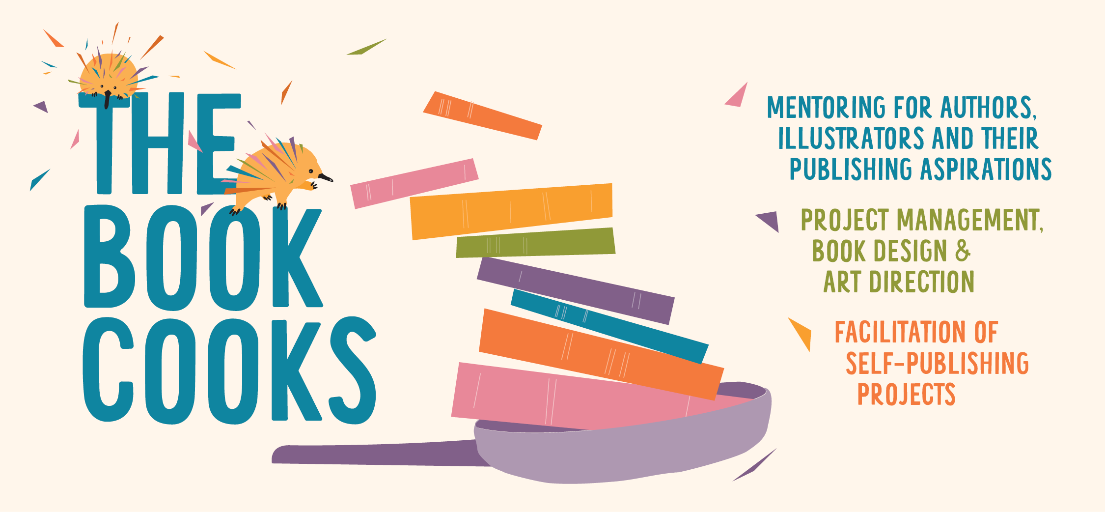 The Book Cooks header featuring a frypan full of books and two colourful abstracted echidnas jumping over the text