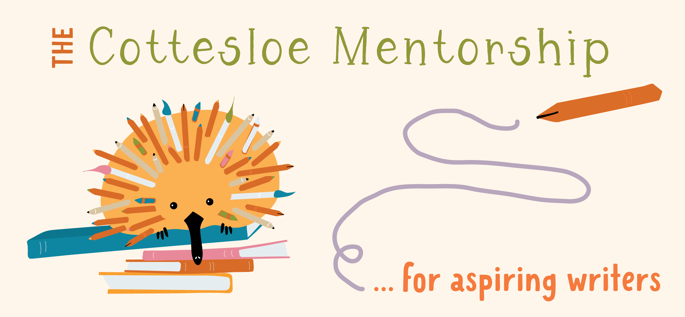 The Cottesloe Mentorship header – for aspiring writers – featuring a colourful echidna with pens, pencils and paintbrushes for spikes. The echidna is balancing on a stack of books.